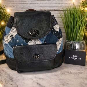 Coach Bag Black and Blue Denim Skulls Quilted Patchwork Turnlock Backpack School